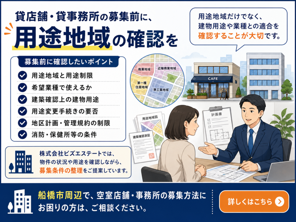 貸店舗・貸事務所は、用途地域だけでなく、建物用途や希望業種との適合も確認して募集することが大切です。